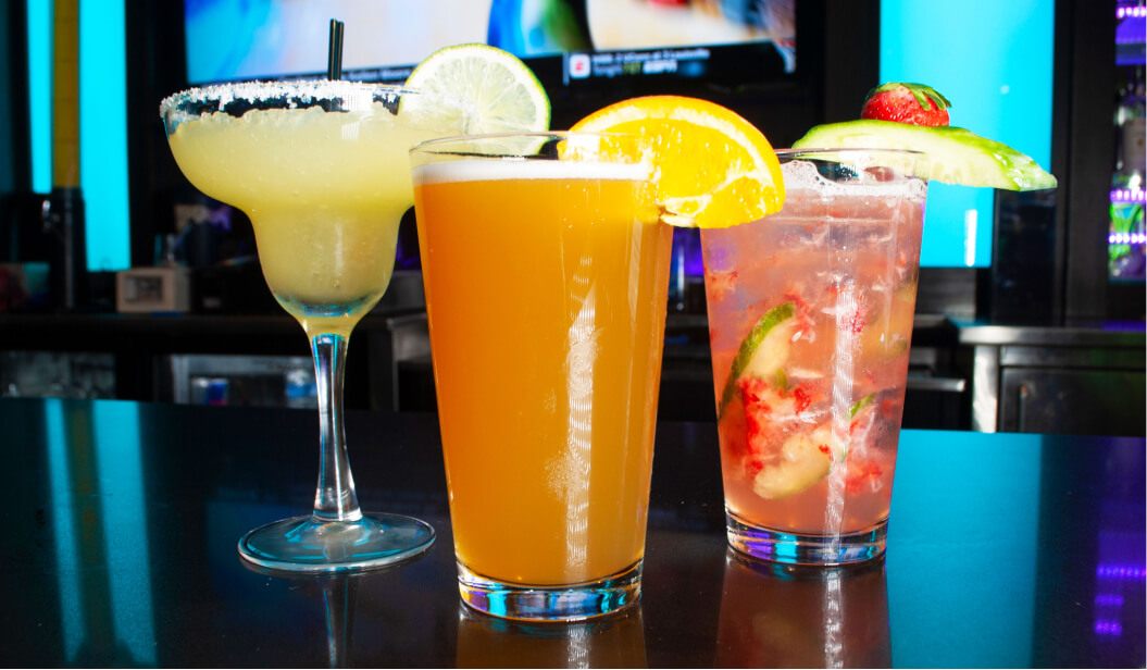 Three drinks on the bar at GameTime