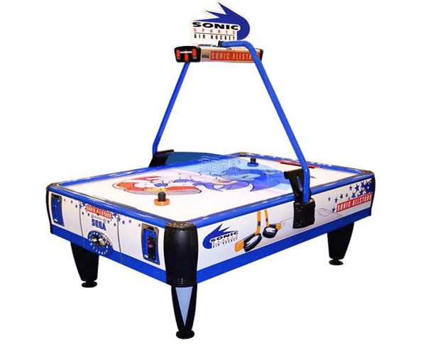 A Sonic Sports Air Hockey table with its overhead scoreboard