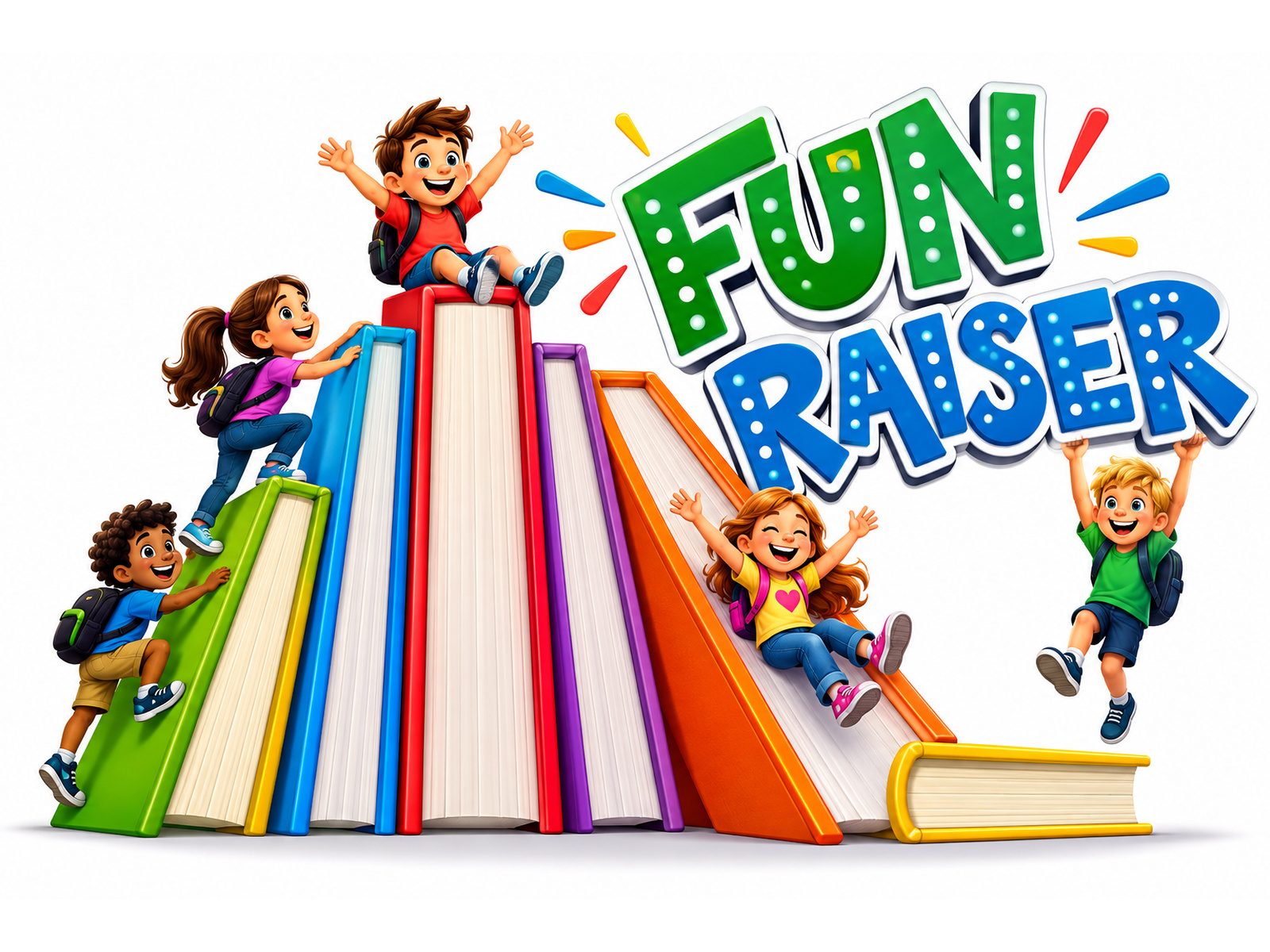Fun Raiser artwork: cartoon children climbing and sliding down a stack of giant colorful books beside the words Fun Raiser