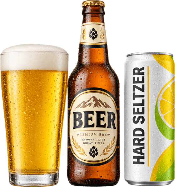 A glass of draft beer, a bottled beer and a hard seltzer
