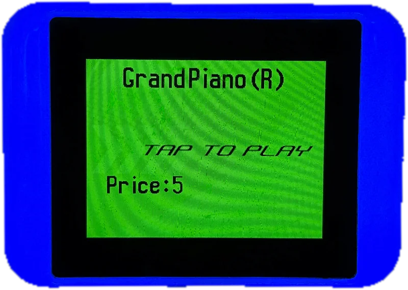 A blue-lit card reader, its green screen showing the game name, Tap to Play and a price of 5 credits