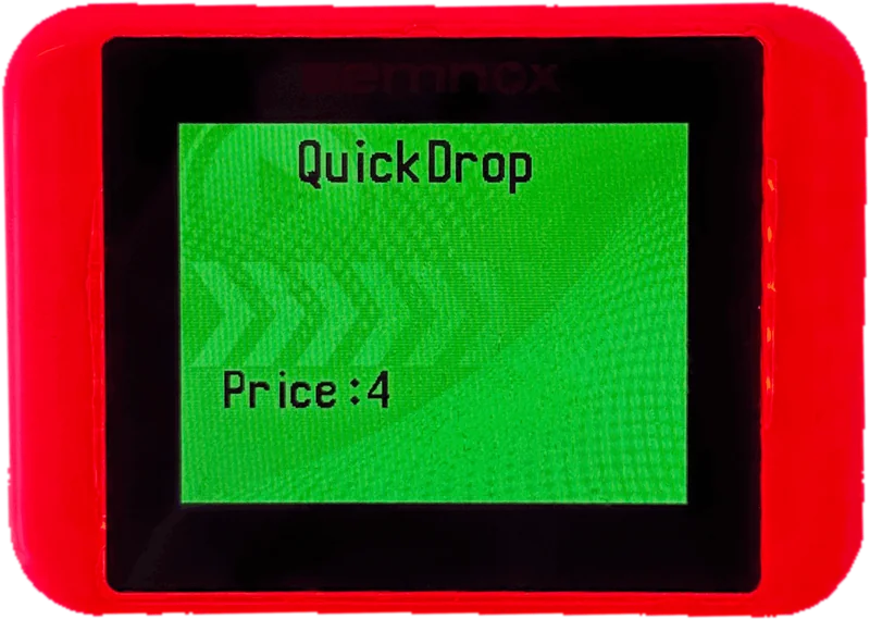 A red-lit card reader, its green screen showing the game name and a price of 4 credits
