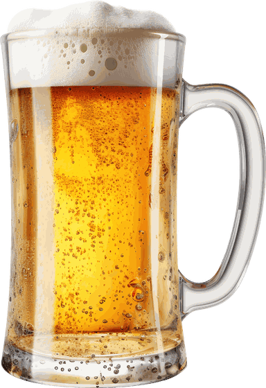 A glass mug of golden beer full of rising bubbles, with a thick head of foam spilling over the rim