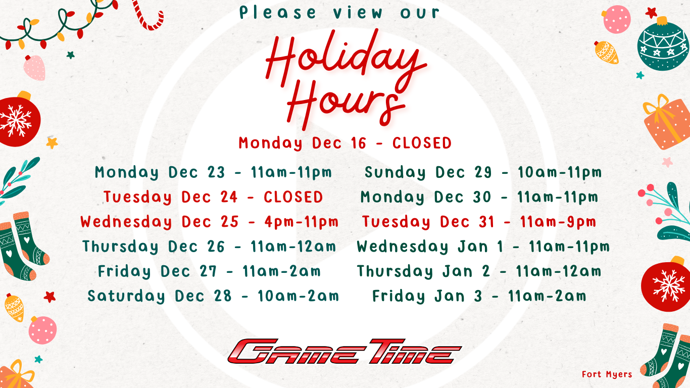 Please view our holiday hours Monday Dec 16 - Closed Monday Dec 23 - 11am - 11pm Tuesday Dec 24 - Closed Wednesday Dec 25 - 4pm - 11pm Thursday Dec 26 - 11am -12am Friday Dec 27 - 11am-2am Sat/Sun - Normal Monday Dec 30 - 11am - 11pm Tuesday Dec 31 - 11am - 9pm Wednesday Jan 1 - 11am - 11pm Thursday Jan 2 - 11am - 12am Friday Jan 3 - 11am - 2am Sat/Sun - Normal